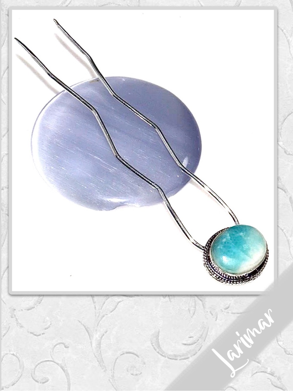 Larimar Large Eclectic Silver Artisan Hair Pin 4.2” Aqua / Turquoise Blue, White